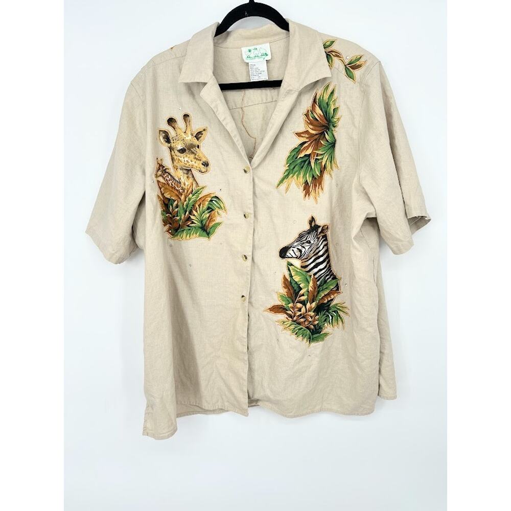 The Quacker Factory Linen Blend Safari Zebra Giraffe Button Up Shirt Size 3X